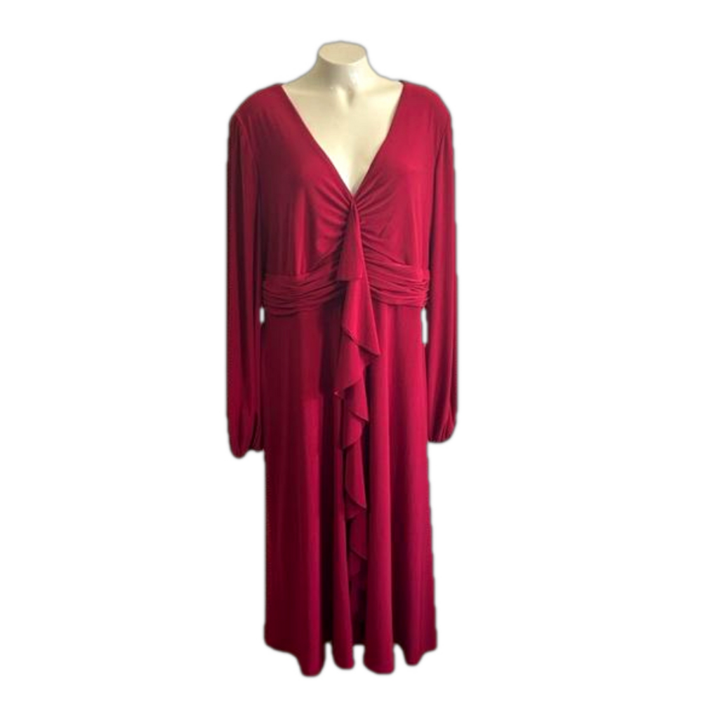 Jones New York 16W burgundy v neck ruffled polyester / spandex dress NWT